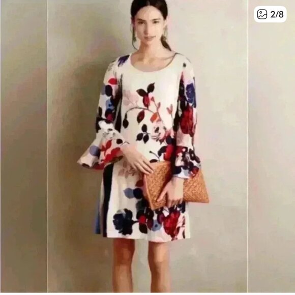 Maeve Anthropologie Blue Red Off-white Floral Print Bell-Sleeve Shift Dress S - Picture 1 of 11